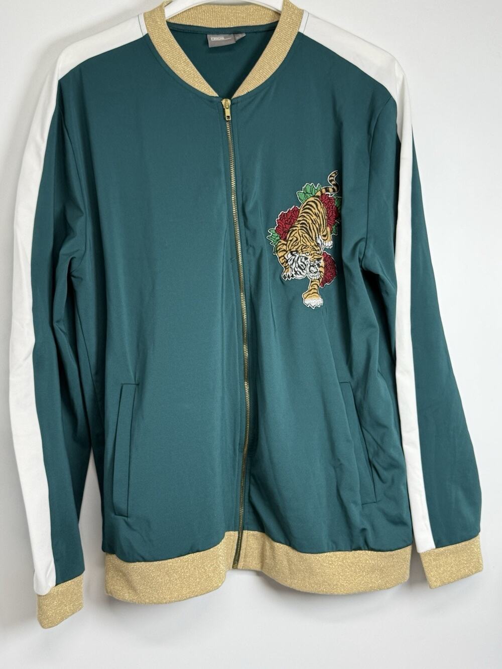 ASOS Tiger Embroidered Bomber Jacket XL Green Gold Zip Streetwear Y2K